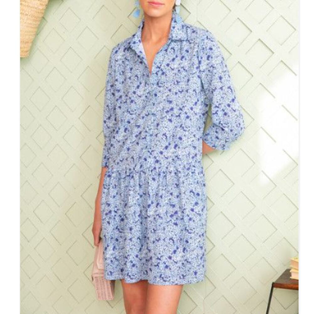 Tuckernuck Hayes Blue Hydrangea Drop Waist Shirt Dress Size XXS Preppy Cottage